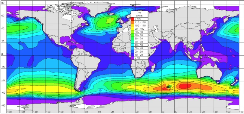 Figure 4.  Global distribution of annual mean wave power. 