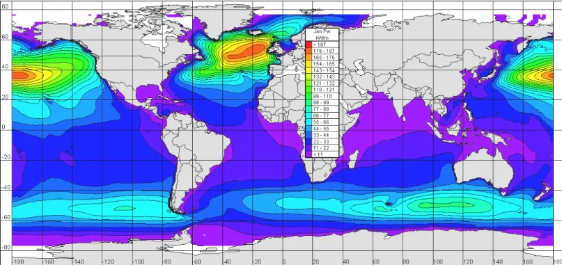 Figure 5.  Global distribution of mean wave power during January. 