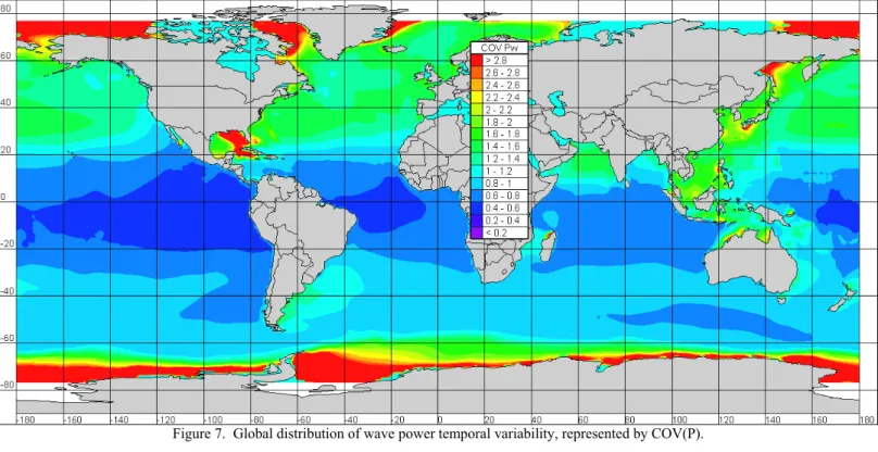 Figure 7.  Global distribution of wave power temporal variability, represented by COV(P)