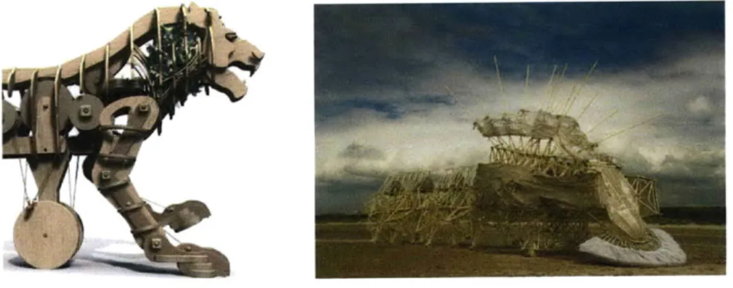 Figure 3.1  Leonardo  Da Vinci's  mechanical lion  (left) and Theo Jansen's  beach  animals  (right) (adopted  from  [14,  15])