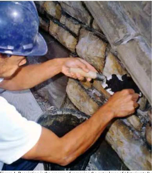 Figure 1. Repointing is the process of removing the outer layer of (deteriorated) mortar  from the mortar joints in existing masonry and replacing it with new mortar