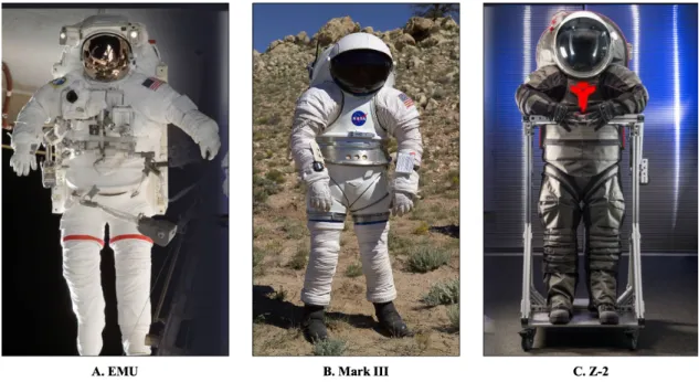 Figure 1.4: Existing Spacesuit Assembly Designs. A) The Extravehicular Mobility Unit (EMU) is designed for use in microgravity environment, while B) the Mark III is designed for planetary exploration