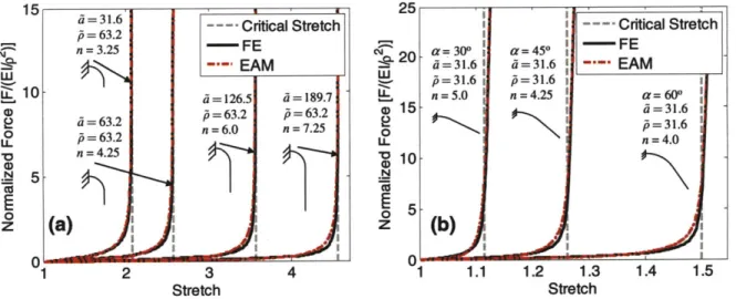 Figure  2.A4  Results  of  the  EAM  model  for fiber  force  vs.  stretch  behavior  varying  the ratio  of  a/p  in (a) and  the  angle  a in (b) are  compared  to  FE  solutions