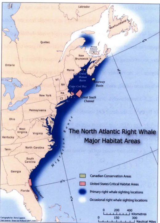 Figure  1.3:  Detailed  map  of North Atlantic right whale  distribution in the Western North Atlantic