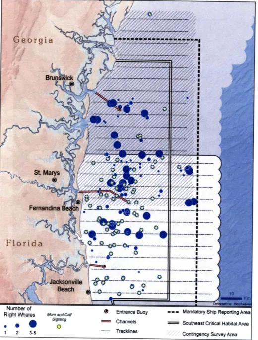 Figure  1.4:  Spatial  location  of right whales  in the  Central Early Warning  System  Survey Area of the  Southeastern  U.S