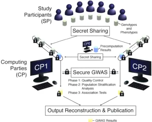 Figure 3-1:  Overview  of our secure  GWAS  pipeline.  Study  participants  (private individuals  or  institutes)  secretly  share  their  genotypes  and  phenotypes  with  computing parties  (research  groups  or  government  agencies),  denoted  CP 1  an