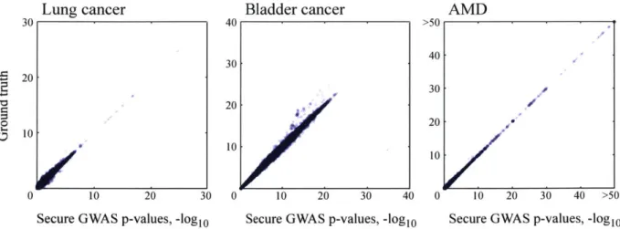 Figure  3-2:  Our  secure  GWAS  protocol  obtains  accurate  results.  Using  our protocol,  we  securely  performed  GWAS  on  three  published  case-control  datasets  for  lung cancer,  bladder  cancer,  and  age-related  macular  degeneration  (AMD)