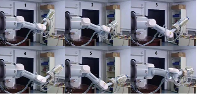 Fig. 9 Consecutive (1-6) snapshots of the generated anthropomorphic robot arm motion. 5 robot degrees of freedom are actuated.