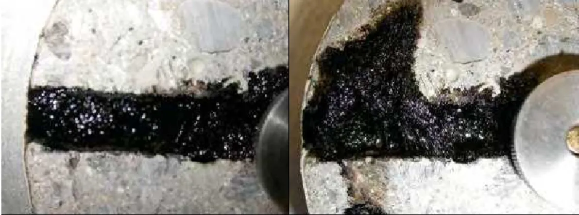 Figure 2. A sealant before (left) and after some shear deformation. PCC disk rotation was  counter-clockwise