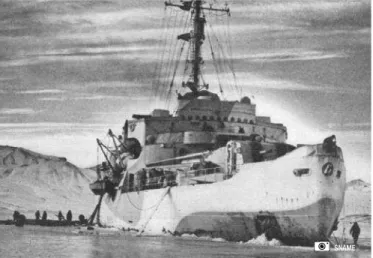 Fig. 4.  The “Northwind” class of icebreaker described by Johnson (1946) unloading supplies on ice in Greenland