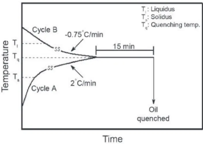 Fig. 1. Schematic curves showing the heating Cycles A and B used prior to quenching magnesium alloy specimens (The given cooling and heating rates are average values within the liquidus-solidus range).