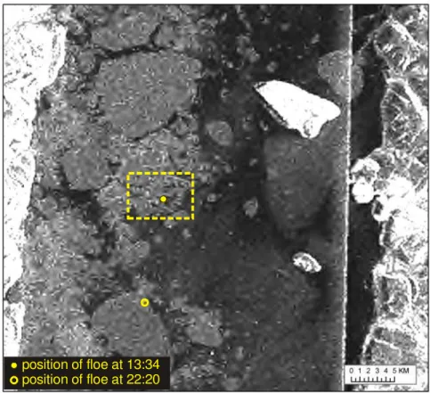 Figure 16  ScanSAR image showing initial and final position of Floe N04, Nares Strait  Floe sampled on 18 Aug, 13:34 to 22:20UTC  Satellite image acquired on 18 August, 12:23UTC
