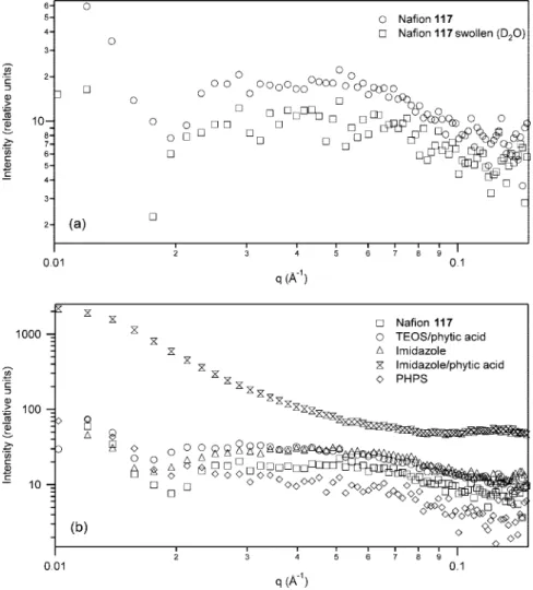 Figure 9. SANS spectra of Nafion 117 and the hybrids in dry (top) and swollen (bottom) state.