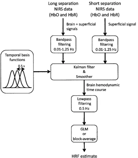 Figure  3-3:  Schematic  of  the  NIRS  data  analysis.  The  NIRS  data  from  both  the 1  cm  and  the  3  cm  separation  channels  were  first  converted  to  HbO  and  HbR  time courses  and  bandpass  filtered