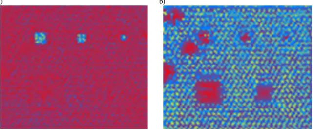 Figure 3. Results on a part containing three square skin delaminations (top) and two core unbond areas  (bottom) of different sizes
