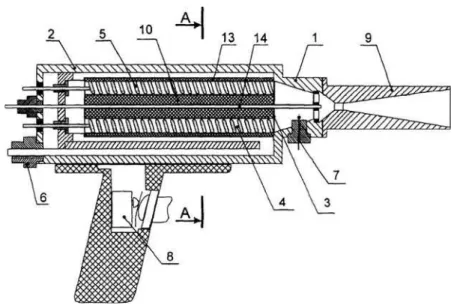 Fig. 8 A multi gas-powder mixture channels nozzle patented in 1994 for increasing the spray area while limiting the angle of divergence of the supersonic sections to ensure a steady flow (Ref 20)