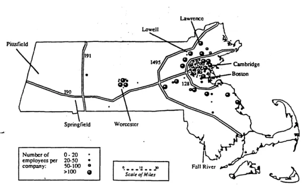 Figure  4.  Location  of  Massachusetts biotechnology firms  (Malaterre,  1993).
