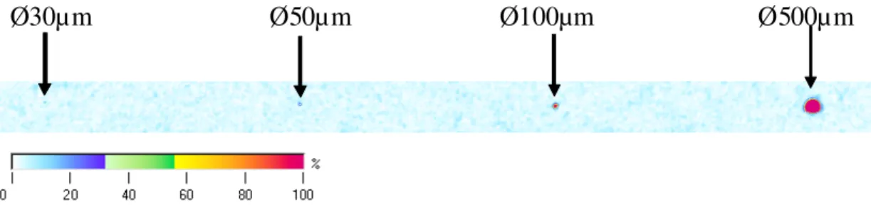 Figure 1. Acoustic microscopy images of FBHs in a 3 mm thick titanium sample at 60 MHz