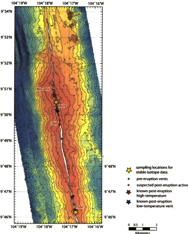 Figure 2.3  9°N  segment of the East Pacific  Rise with major sampling  locations marked by yellow  stars.