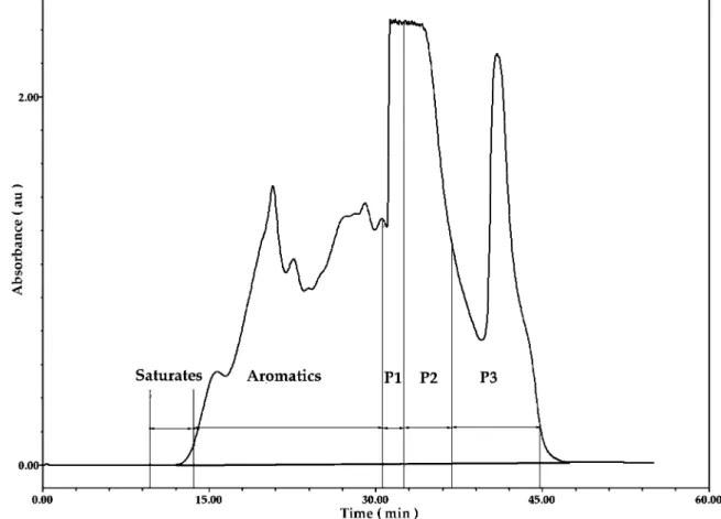 Figure 1. Typical chromatogram showing cut points for fractions P1, P2, and P3.