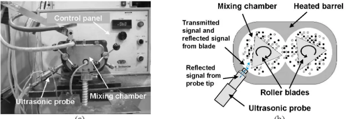 FIGURE 1. External (a) and internal (b) views of an instrumented mixing chamber installed on an intemal mixer