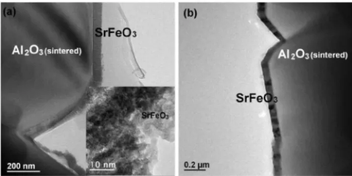 FIG. 3. 共a兲 A cross section image and 共b兲 a plan view image, along with indexed SA diffraction patterns 共inset兲 of the SrFeO 3 film deposited at 700 ° C for 20 min and annealed in air at 700 ° C for 10 h.