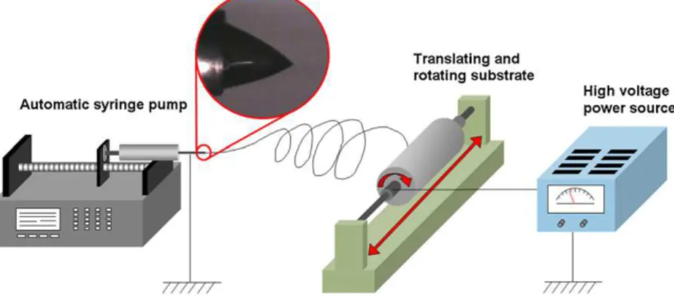 Fig. 1. Electrospinning setup at NRC-IMI. Inset is a photograph of the Taylor cone.