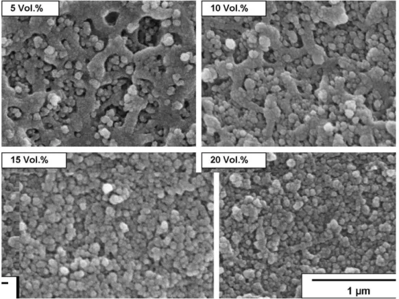 Fig. 3. SEM images of cross-sections of polysulfone containing silica nanoparticles: (1) 5 vol.%, (2) 10 vol.%, (3) 15 vol.%, and (4) 20 vol.% taken at a magnification of 50,000.