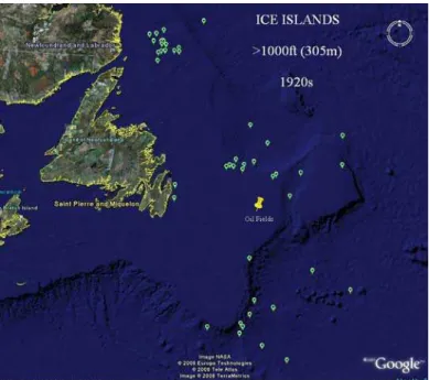 Figure 9.  Ice Island locations as reported during the 1920s from all  sources, whose lengths were 1000 feet (305 m) or greater (one off the  map in 62°N)