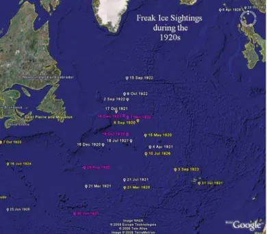 Figure 11.  Chart showing some of the extreme ice sightings during the  1920s as reported in some sources