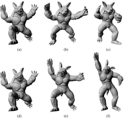 Figure 9: Isometric morph of the armadillo model from pose (a) to pose (c) and from pose (d) to pose (f).
