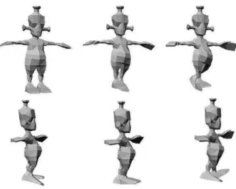 Figure 12: The two rows show start and end poses on the left and right, respectively. The intermediate poses shown in the middle columns are interpolations for t = 0.5 obtained using the averaging algorithm.