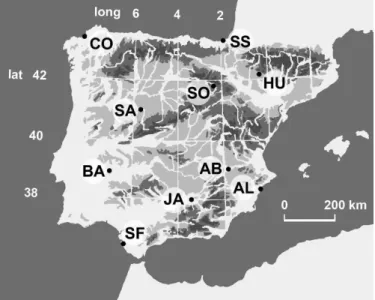 Fig. 1. Distribution of selected meteorological stations within Spain. From North to South and from West to East: CO: La Coru˜na, SS: San Sebasti´an, SA: Salamanca, SO: Soria, HU: Huesca, BA: Badajoz, AB: Albacete, SF: