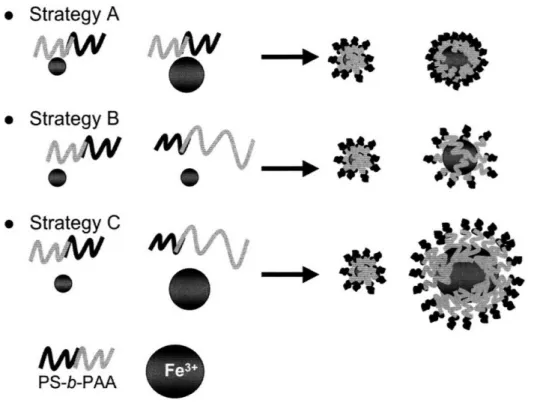 Figure  4  Strategies  for  synthesizing  bimodal  nanoparticles,  using  PS-b-PAA  block copolymer  micelles