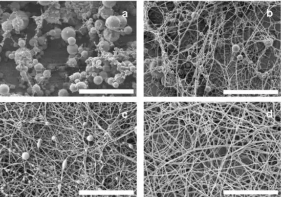 Figure 2. SEM images showing the morphology of the electrospun structures using Nafion-PEO solutions