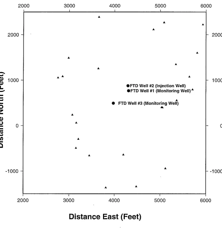 Figure 2: Site map of the DWTI Site indicating the locations of the Field Technology Demonstration (FTD) wells and the tiltmeters (triangles).