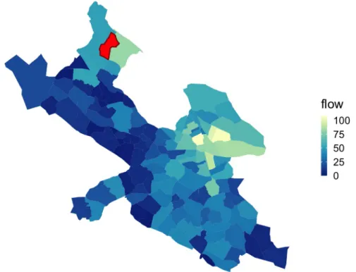 Fig 2. Linkage strength between example stadsdel and all other stadsdelar. Color of each stadsdel represents the value of its linkage strength with the stadsdel highlighted in red, where lighter stadsdelar are more strongly connected to the stadsdel in red