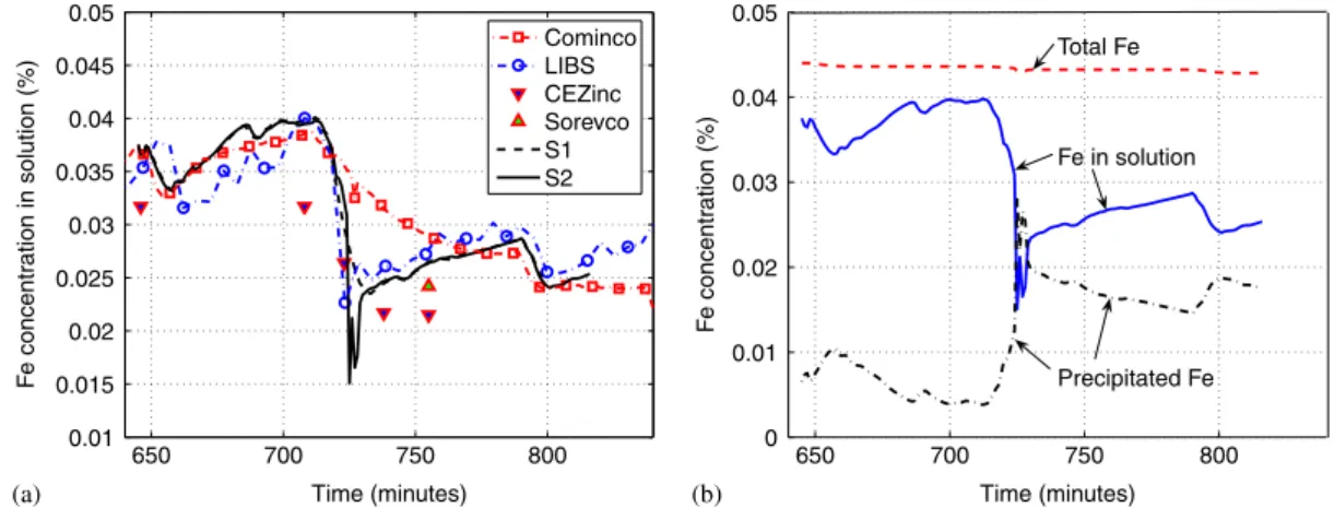 Figure 9. Evolution in time of the Fe concentration at probe location: (a) measured and computed Fe in solution; and (b) total, in solution and precipitated Fe (S2).
