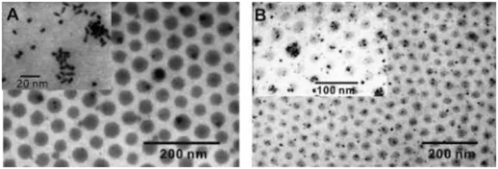 Figure 3A shows a typical TEM micrograph of spin-coated films prepared from 0.025 mg/mL PEG-CdSe and a 0.3 wt %  PS-b-P2VP chloroform solution on carbon-supported TEM grids