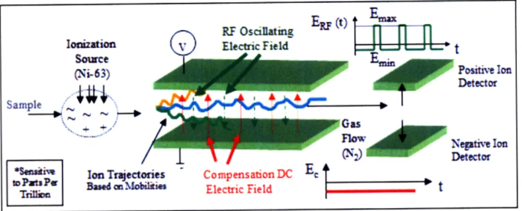 Figure  2-3:  DMS  principles.  Yellow  and  green  ion  movements  collide  into  electrodes and  neutralize