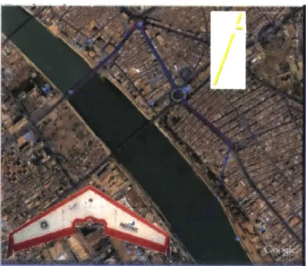 Figure  2-10:  An  illustration  from  Cybyk  et  al.  [311  of  the  Procerus  Unicorn  UAS  and the  simulated  mission  route  through downtown  Baghdad  with  a prevailing  wind   head-ing  of  20  degrees  and  prevailhead-ing  wind  speed  of  3  m  