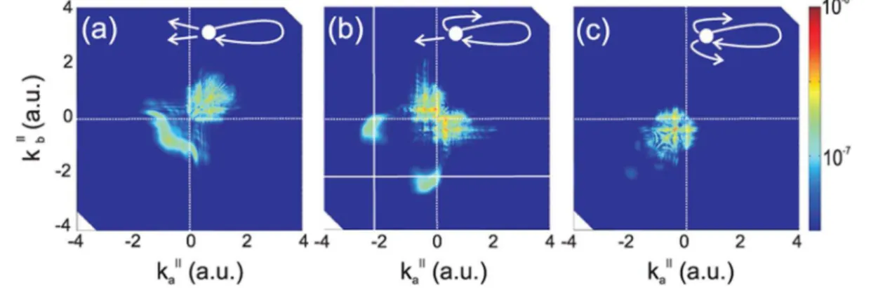 FIG. 3 (color online). Partial two-electron momentum distributions (on logarithmic scale) shortly after the first recollision (t rec  275 a:u:) for (a) two electrons parallel in the same direction as the incident electron, (b) two electrons in back-to-back