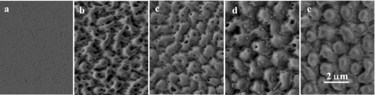 Figure 1 shows a series of SEM images obtained for the as-grown (20˚C) film and for the same film  following irradiation with 20 pulses at different fluences increasing from 40mJ/cm 2 to 100mJ/cm 2 
