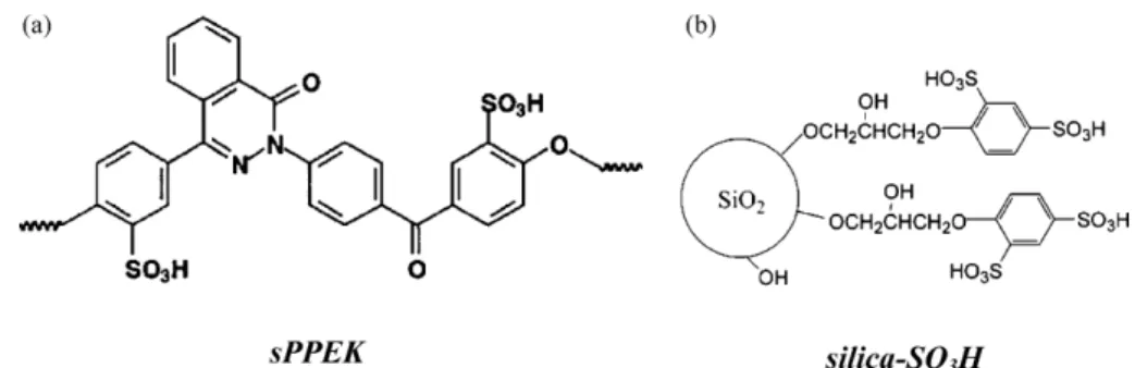 Fig. 1. Chemical structures of polyelectrolyte sPPEK and sulfonated silica nanoparticles silica-SO 3 H used in this work.