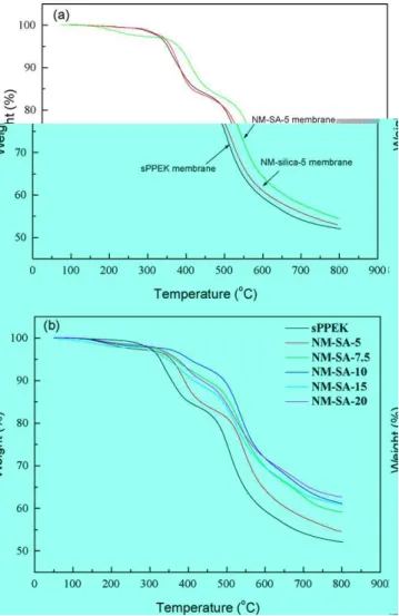 Fig. 5. TGA thermograms of sPPEK based membranes in nitrogen at a heating rate of 10 ◦ C/min