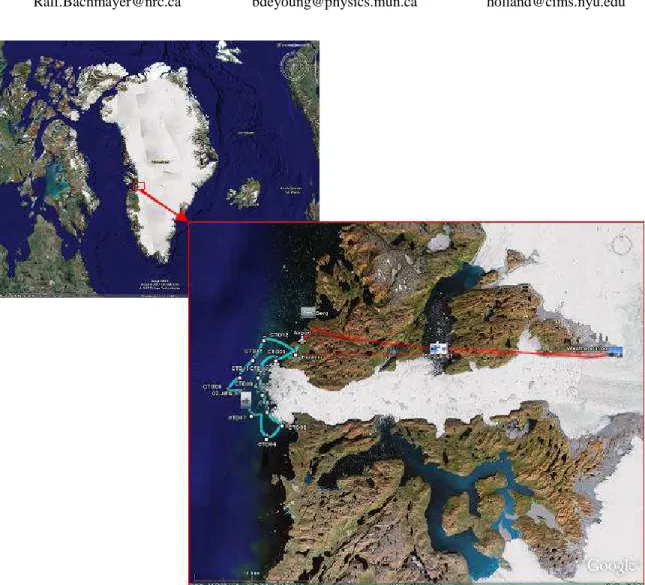 Figure 1: Deployment area at the Ilulissat Fjord, Greenland. Tracks at the mouth of the Fjord  connect CTD stations; single track to the glacier face is Helicopter path to the weather station