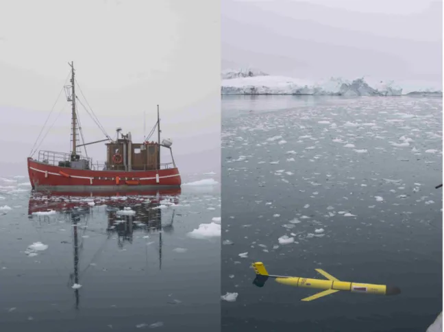 Figure 2: Vessel Clane (left) used for glider operations, CTD and ADCP measurements.  Slocum  Electric glider (right) at the surface