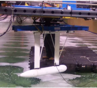 Figure 6 shows the bare hull of a small full-scale AUV being tested in the NRC-IOT towing tank using the Planar Motion Mechanism (PMM)
