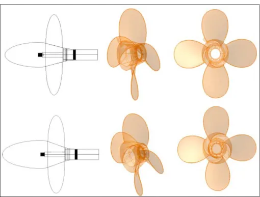 Figure 3-3. Solid model for the propellers and nose cone adapters for Push+15 (1 st  row)  and Push+20 (2 nd  row)