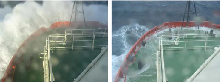 Figure 1a. Wave induced deck spray    Figure 1b. Water on the deck 